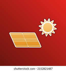 Solar energy panel. Eco trend concept sign. Golden gradient Icon with contours on redish Background. Illustration.