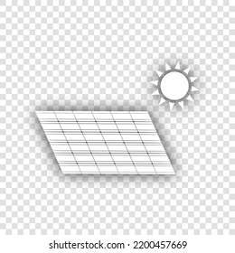 Solar energy panel. Eco trend concept sign. White Icon with dropped natural gray Shadow at transparent Background. Illustration.