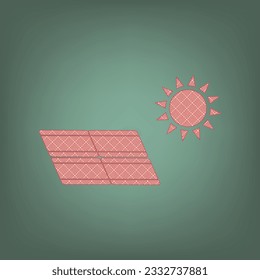 Solar energy panel. Eco trend concept sign. Apricot Icon with Brick Red parquet floor graphic pattern on a Ebony background. Feldgrau. Green. Illustration.