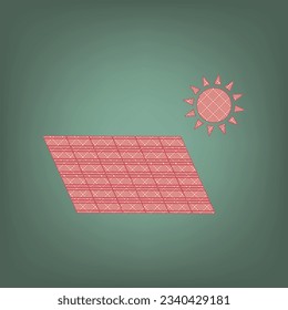 Solar energy panel. Eco trend concept sign. Apricot Icon with Brick Red parquet floor graphic pattern on a Ebony background. Feldgrau. Green. Illustration.
