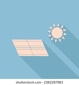 Solar energy panel. Eco trend concept sign. Unbleached silk Icon with very long shadow at dark sky blue background. Illustration.