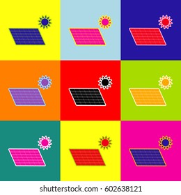 Solar energy panel. Eco trend concept sign. Vector. Pop-art style colorful icons set with 3 colors.