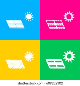 Solar energy panel. Eco trend concept sign. Four styles of icon on four color squares.