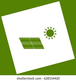 Solar energy panel. Eco trend concept sign. Vector. White icon obtained as a result of subtraction rotated square and path. Avocado background.