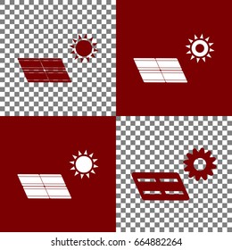 Solar energy panel. Eco trend concept sign. Vector. Bordo and white icons and line icons on chess board with transparent background.