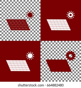 Solar energy panel. Eco trend concept sign. Vector. Bordo and white icons and line icons on chess board with transparent background.