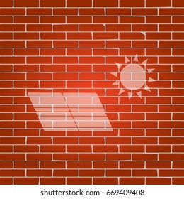 Solar energy panel. Eco trend concept sign. Vector. Whitish icon on brick wall as background.