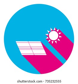 Solar energy panel. Eco trend concept sign. Vector. Flat white icon with mexican pink shadow inside sky blue(S and G) circle at white background. Isolated. Trend colors in 2017.
