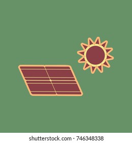 Solar energy panel. Eco trend concept sign. Vector. Cordovan icon and mellow apricot halo with light khaki filled space at russian green background.