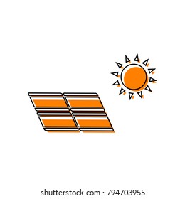 Solar energy panel. Eco trend concept sign. Vector. Black line icon with shifted flat orange filled icon on white background. Isolated.
