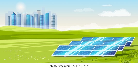 Solar energy panel. Environment ecology, Sun power technology. Skyscraper view. Modern urban generator concept. Clean sunlight resource. Panoramic cartoon concept. Vector illustration