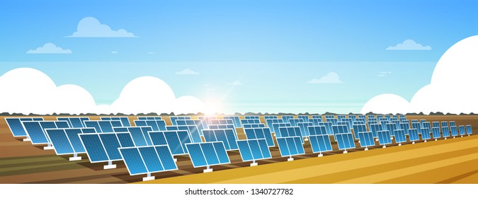 solar energy panel fields renewable station alternative electricity source concept photovoltaic district sunrise landscape background horizontal banner flat