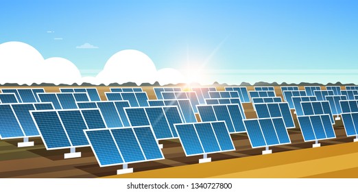 solar energy panel fields renewable station alternative electricity source concept photovoltaic district sunrise landscape background horizontal banner flat