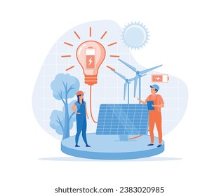 Instalación del panel de energía solar. El trabajador sobre el terreno y el jefe de proyecto demostraron el sistema. Desarrollo sostenible. ilustración moderna de vector plano