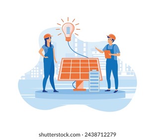 Solar energy panel installation. Field worker and project manager demonstrated system. Sustainable development. flat vector modern illustration 