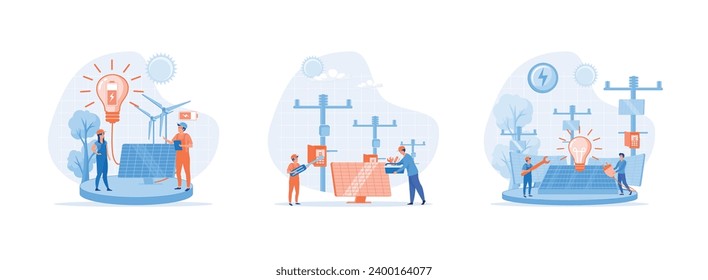 Instalación del panel de energía solar, Mantenimiento de panel o turbina eólica con equipo de servicio doméstico para el funcionamiento de red de electricidad, energía renovable. Paneles de energía solar conjunto vector plano ilustración moderna