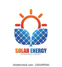 Diseño vectorial del logotipo del panel de energía solar aislado en fondo blanco, forma de hoja de panel solar y solar, tecnología de energía verde, energía renovable.