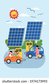 Solar energy From solar panel To recharge the car Using renewable energy from nature, Happy earth day concept, vector illustration