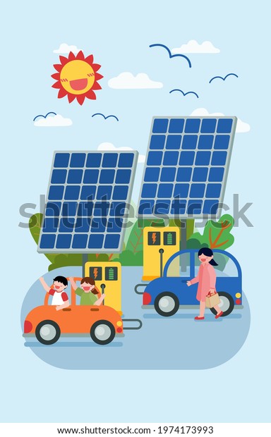 Solar energy From solar panel To recharge\
the car Using renewable energy from nature, Happy earth day\
concept, vector\
illustration