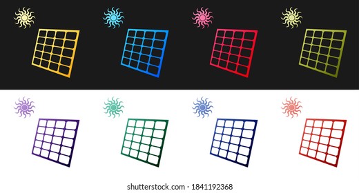 Solar energy panel and sun icon set isolated on black and white background. Vector.