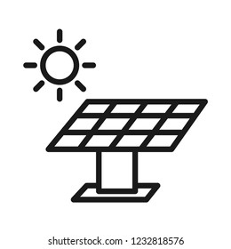 Solar energy panel with the sun, renewable and clean energy. Line vector. Isolate on white background.