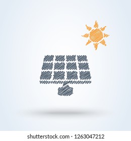 Solar energy panel and sun scribble style. vector icon drawing