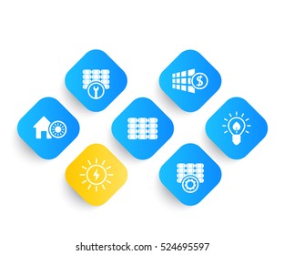 Solar energy, panels, alternative energetics and renewable energy use icons set