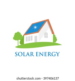 Solar energy panels house ecology. Flat web icon, sign, logo isolated on white background. Solar energy logo design concept. Modern trend, vector illustration symbol. 