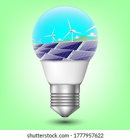 Solar energy panels in light bulb, Isolated vector illustration of clean electric energy from renewable sources sun and wind.