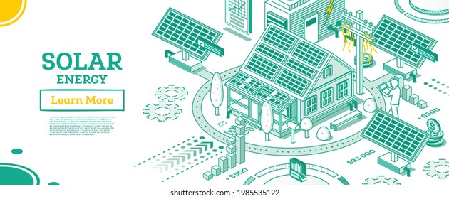 Solar Energy Panels on the Roof of House. Renewable Green Energy Isometric Concept Isolated on White Background. Vector Illustration. Sustainable Ecological Power Generation of Clean Energy.