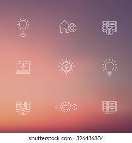 Solar energy, solar panels, plant, line transparent icons, vector illustration