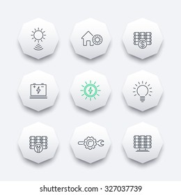 Solar energy, solar panels, plant, line octagon icons, vector illustration