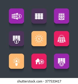 Solar energy, panels, sun powered energetics rounded square icons, vector illustration