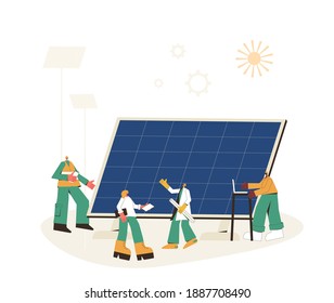 Solar energy panels system concept. Installing solar modules. Field service technicians, engineer, manager and architect. Scene with people and equipment. Sustainable development. Vector scene.