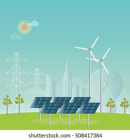 Solar energy panels and wind turbine on city view background, conceptual power and energy Flat design style vector illustration.