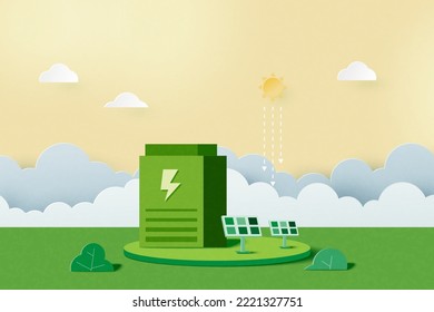 Solar energy panels.Green  alternative renewable energy.Green eco friendly landscape nature background.Paper art of ecology and environment concept.Vector Illustration.