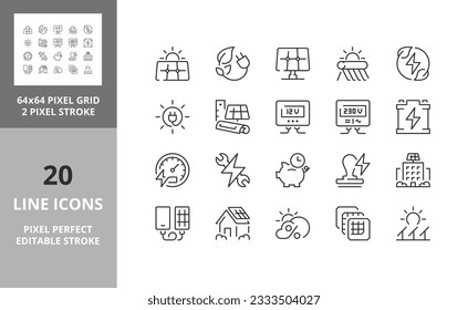 Solar energy and photovoltaic installations, thin line icon set. Outline symbol collection. Editable vector stroke. 64 and 256 Pixel Perfect scalable to 128px