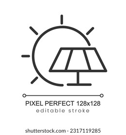 Icono lineal perfecto de píxel de energía solar. Fuentes renovables poderosas. Atención al medio ambiente. Ilustración de línea delgada. Símbolo de contorno. Dibujo del contorno del vector. Trazo editable. Fuente de Poppins utilizada