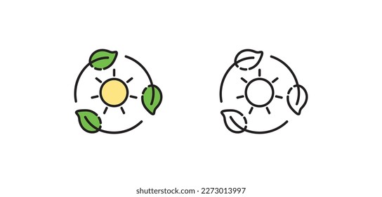 Solar energy and planing circle. Vector isolated icons. Black and color vector alternative energy and nature care sign icon isolated outline symbol with editable stroke.