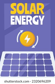 Solar energy poster. Solar panel as symbol eco friendly, sustainable, renewable source of energy. Concept of net zero emissions by 2050. Vector illustration for banner, flyer