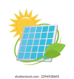 Solar energy and power concept to save the environment with a photovoltaic solar panel under a hot sun encircled with green leaves