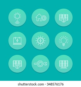 Solar energy, solar power, panels installation, line icons, aquamarine set