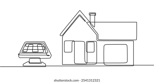 Solar energy powering a home in continuous one line drawing. Green energy concept showcasing renewable home energy solutions.