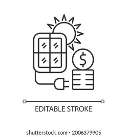 Solar energy price linear icon. PV panels for sun power generation. Energy purchase. Thin line customizable illustration. Contour symbol. Vector isolated outline drawing. Editable stroke