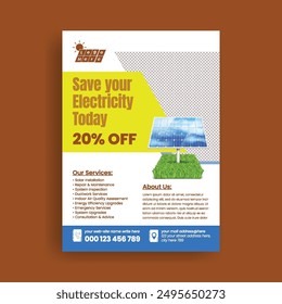 Solar Energy print Flyer or poster template, Solar power installation, repair, maintenance services advertising leaflet design