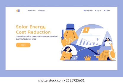 Solar energy promotes cost reduction through innovation and efficiency. The illustration highlights key elements, showing how solar power can benefit individuals and businesses economically. Vector