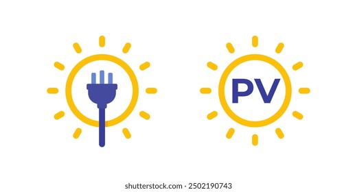 Solar energy, PV panels, photovoltaics icons with electric plug and sun