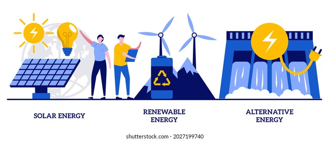 Solar energy, renewable energy, alternative energy concept with tiny people. Eco friendly innovations, sustainable technology, solar panels and wind turbines use abstract vector illustration set.