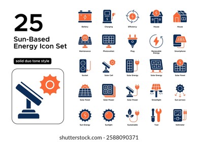 Solar Energy and Renewable Power. Sun Panels, Sustainability, and Green Energy. Vector Illustration. Solid duo tone icon set