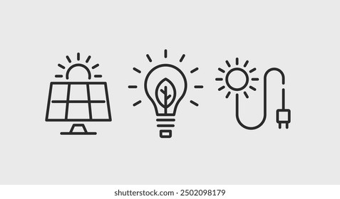 Solar energy and renewable resources icons. Solar energy and renewable resources trendy minimal icons set. Charging icon. Design signs for web page, mobile app, packaging design. Vector illustration.